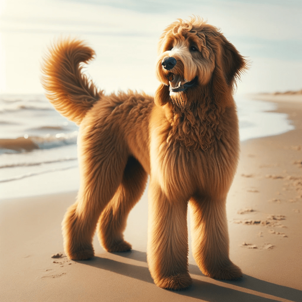 Flat-Coated_Goldendoodle_with_a_long_golden-brown_coat_stands_on_a_serene_beach._The_dog_looks_away_from_the_camera_with_an_open_mouth