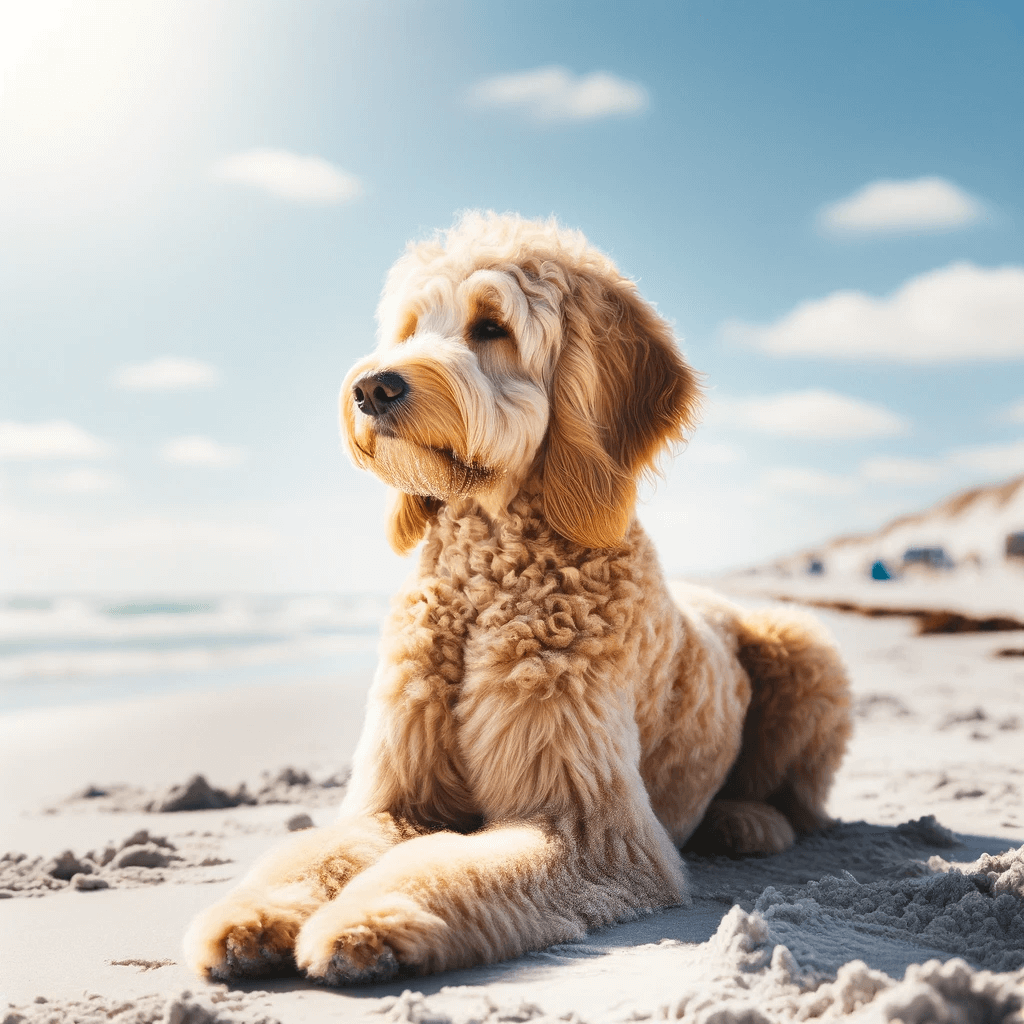 Goldendoodle_basking_in_the_sun_on_a_sandy_beach