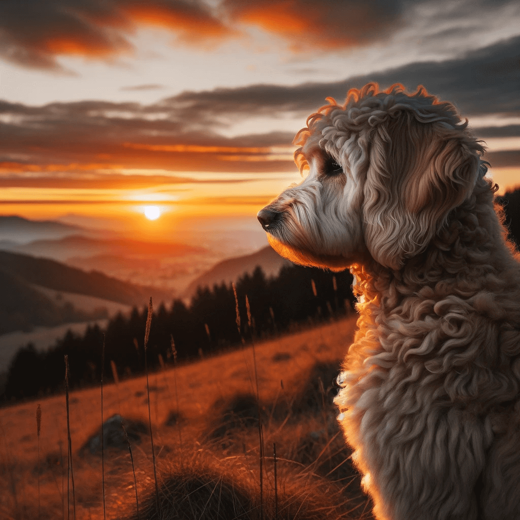 Goldendoodle_watching_a_sunset_reflecting_its_calm_demeanor_and_hypoallergenic_qualities