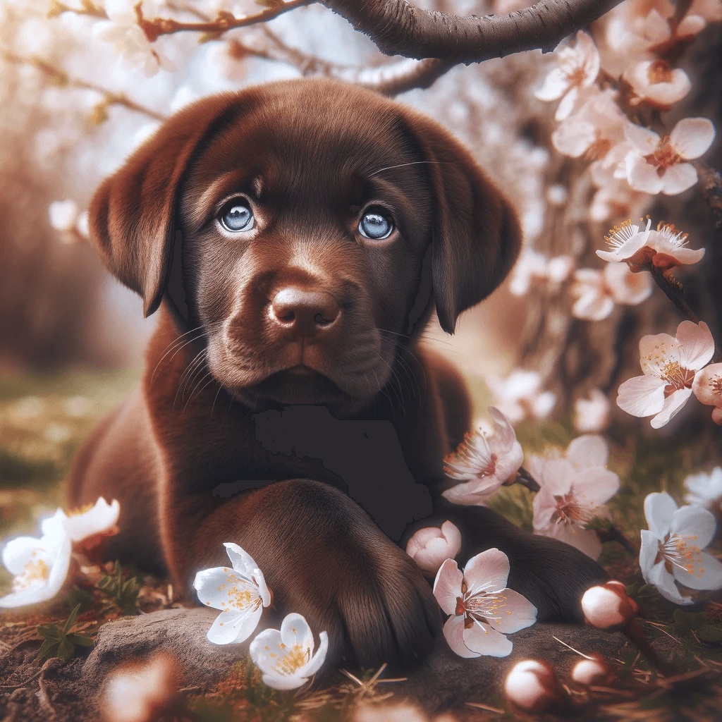 Gorgeous_Chocolate_Lab_Puppy_with_Blue_Eyes_Amidst_Spring_Blossoms
