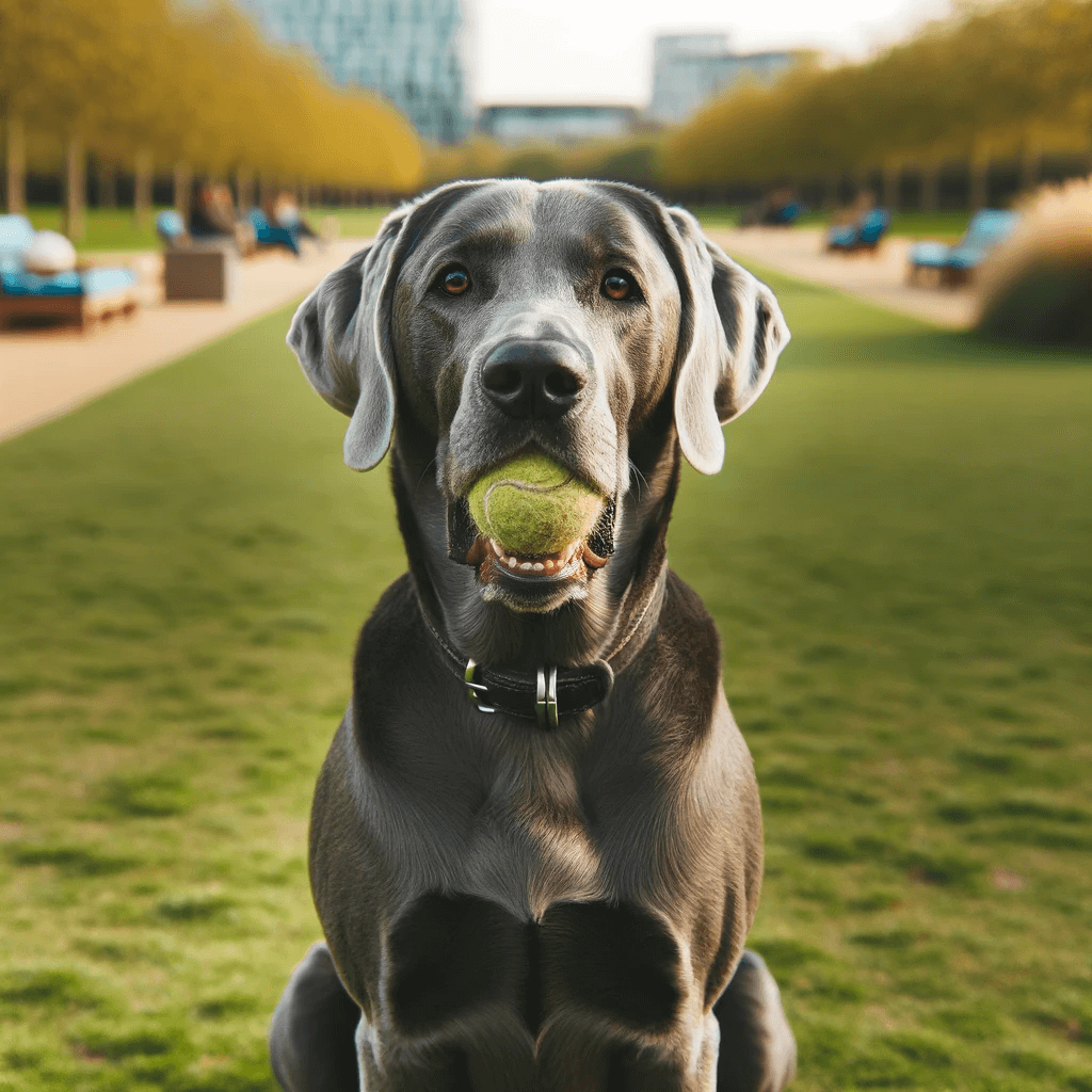 Greyador_sitting_obediently_with_a_tennis_ball_in_its_mouth_ready_to_play_fetch_in_a_park_setting