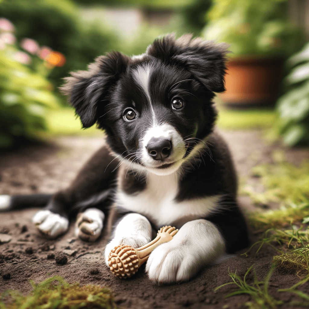 Haired_Border_Collie_puppy_lying_on_the_ground_probably_in_a_garden_or_yard_with_a_chew_toy.