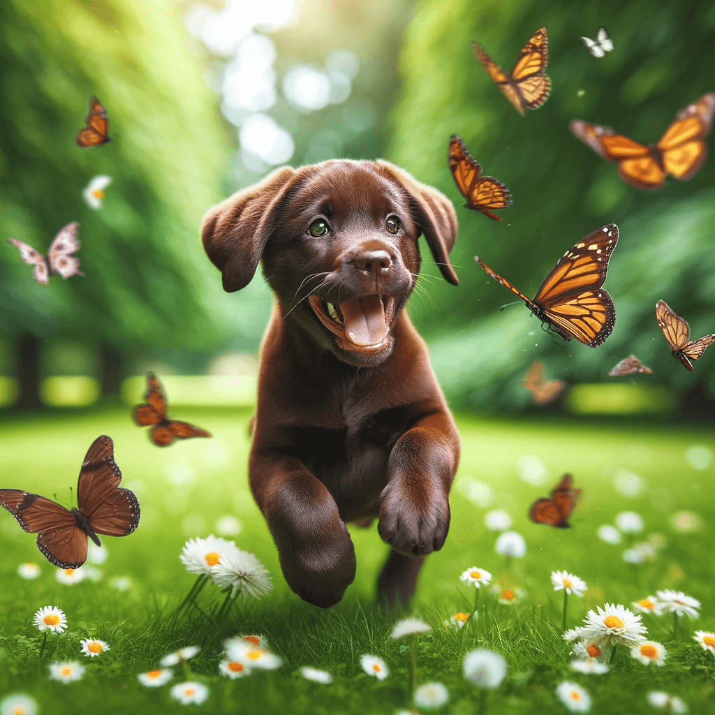 Joyful_Chocolate_Lab_Puppy_With_Energetic_Demeanor_Playfully_Chasing_Butterflies_in_a_Lush_Park