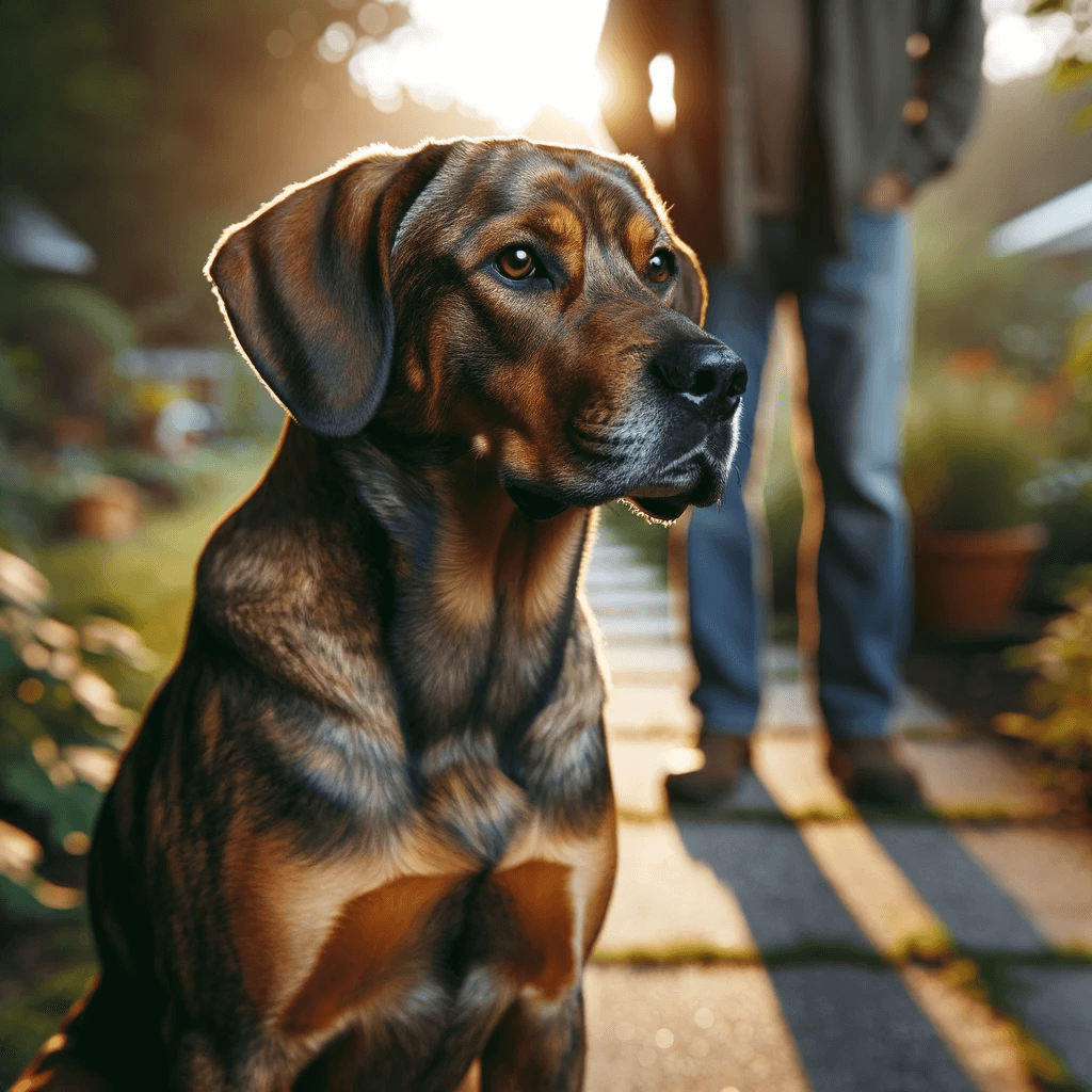 Labahoula_dog_with_a_glossy_brown_coat_sitting_on_a_path_outdoors