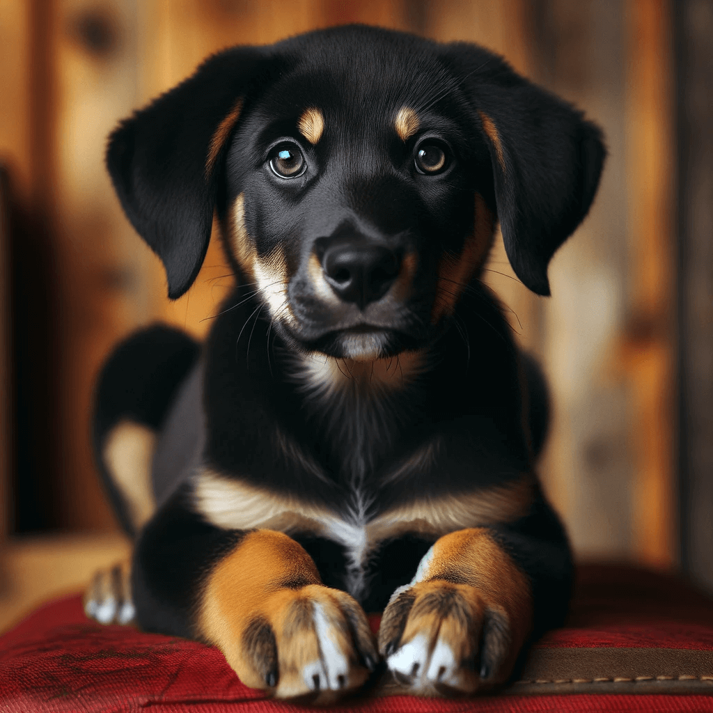 Labahoula_puppy_with_a_sleek_black_coat_featuring_distinct_tan_markings_on_the_eyebrows_cheeks_and_paws_sitting_calmly_on_a_red_surfac