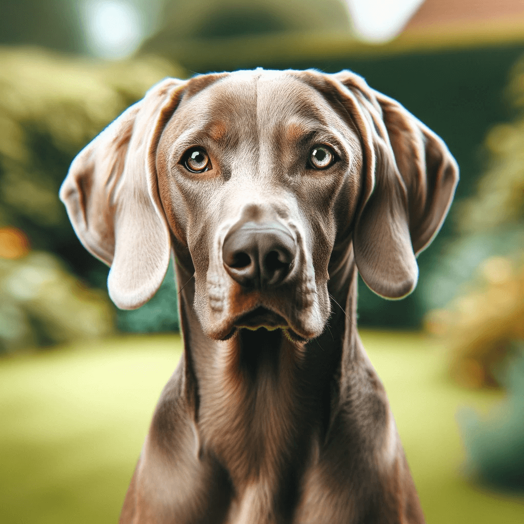 Labmaraner_dog_with_a_focused_look_standing_outdoors_with_a_green_backdrop_Weimaraner_Mixed_with_Lab_ears_perked_up