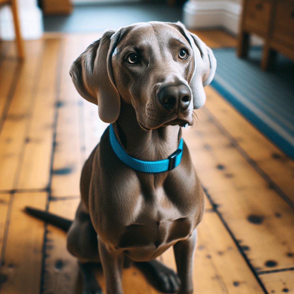 Labmaraner_dog_with_a_lean_build_and_smooth_gray_coat_sitting_attentively_on_a_hardwood_floor_wearing_a_bright_blue_collar