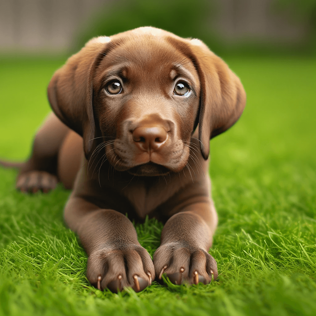 Labmaraner_puppy_with_light_brown_eyes_and_a_shiny_chocolate-brown_coat_sprawled_out_on_lush_green_grass._This_puppy_is_a_mix_of_Weimaraner