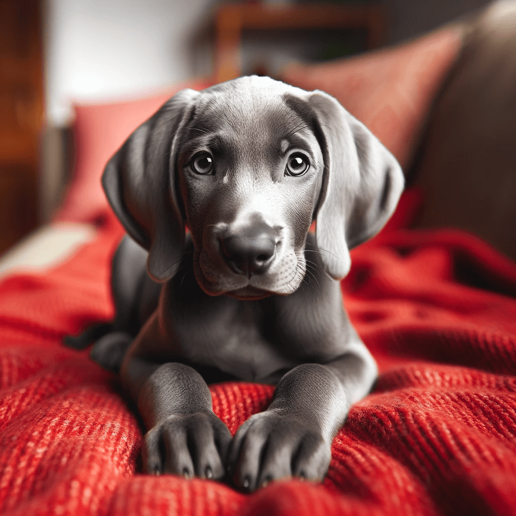 Labmaraner_puppy_with_sleek_gray_fur_lying_on_a_vibrant_red_blanket_its_big_soulful_eyes_looking_directly_at_the_camera