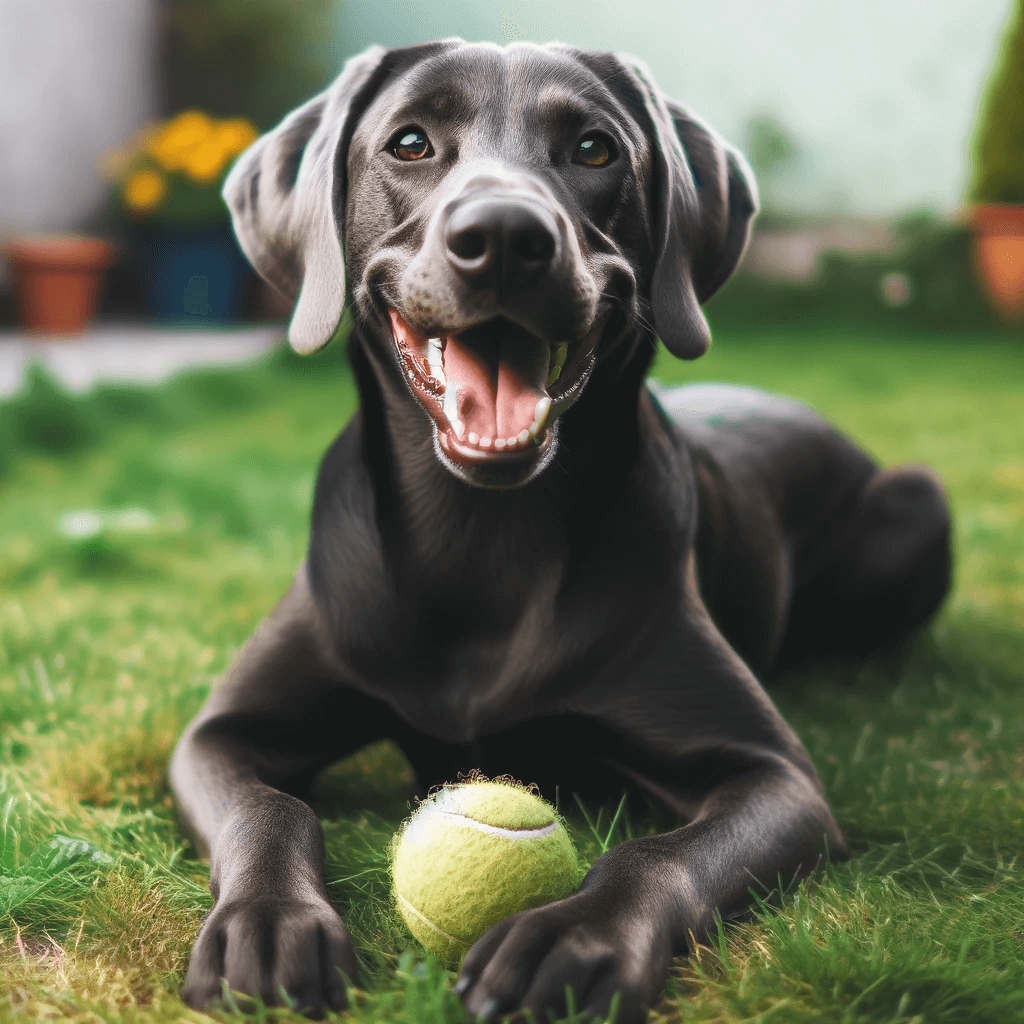 Labmaraner_with_a_tennis_ball_in_its_mouth_lying_on_a_grassy_lawn