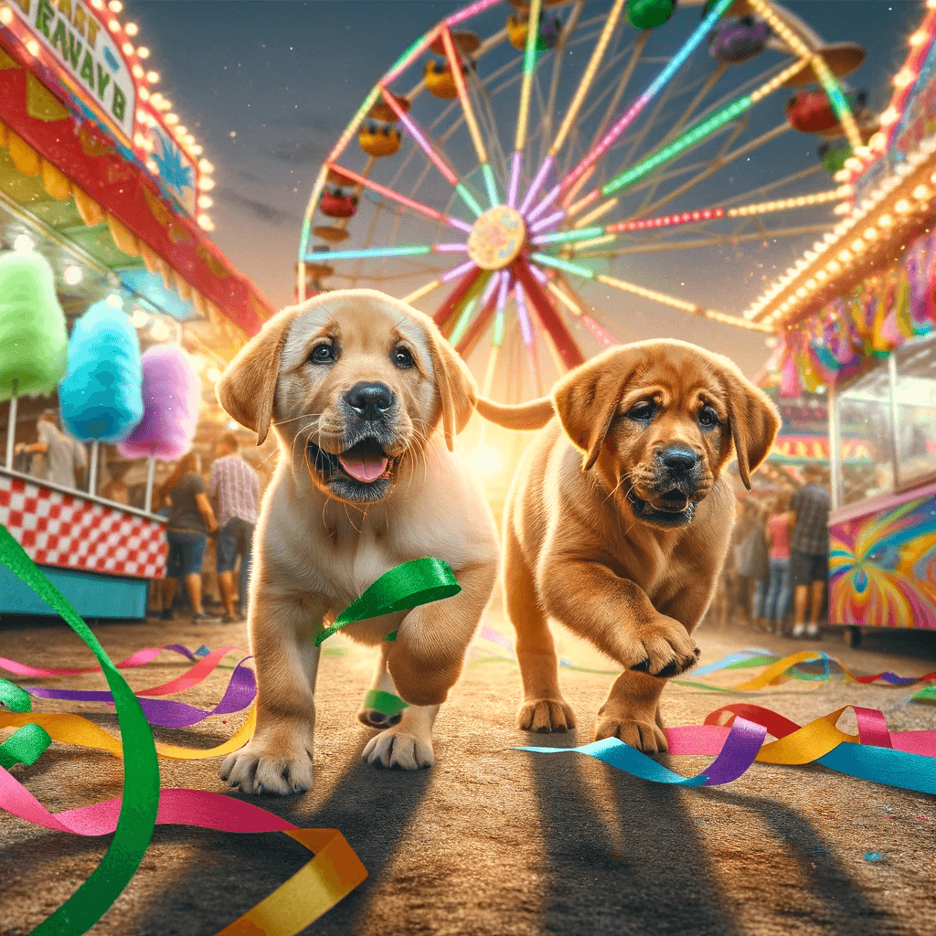 Labrador_puppies_with_a_dash_of_green_in_their_fur_having_fun_at_a_fairground