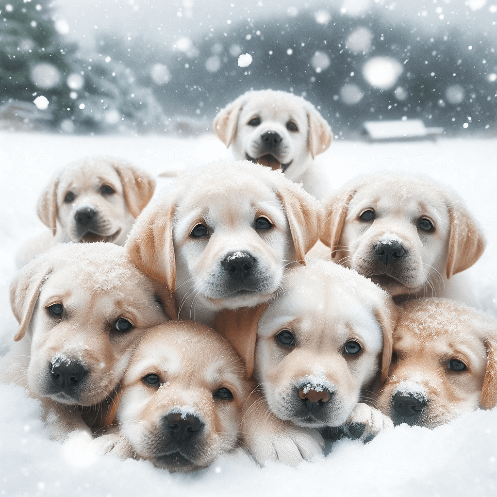 Labrador_puppies_with_a_hint_of_green_in_their_fur_enjoying_a_snowy_landscape