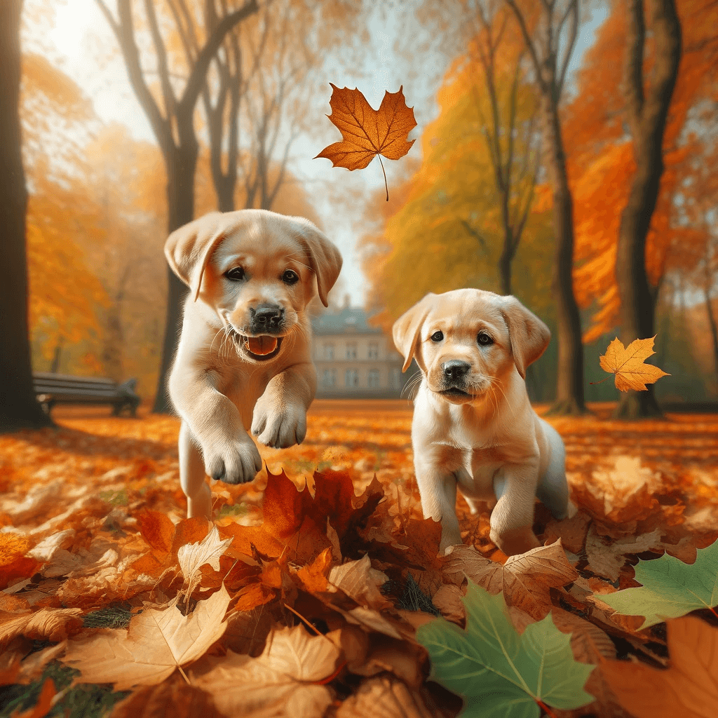 Labrador_puppies_with_subtle_green_fur_playing_in_an_autumn_park