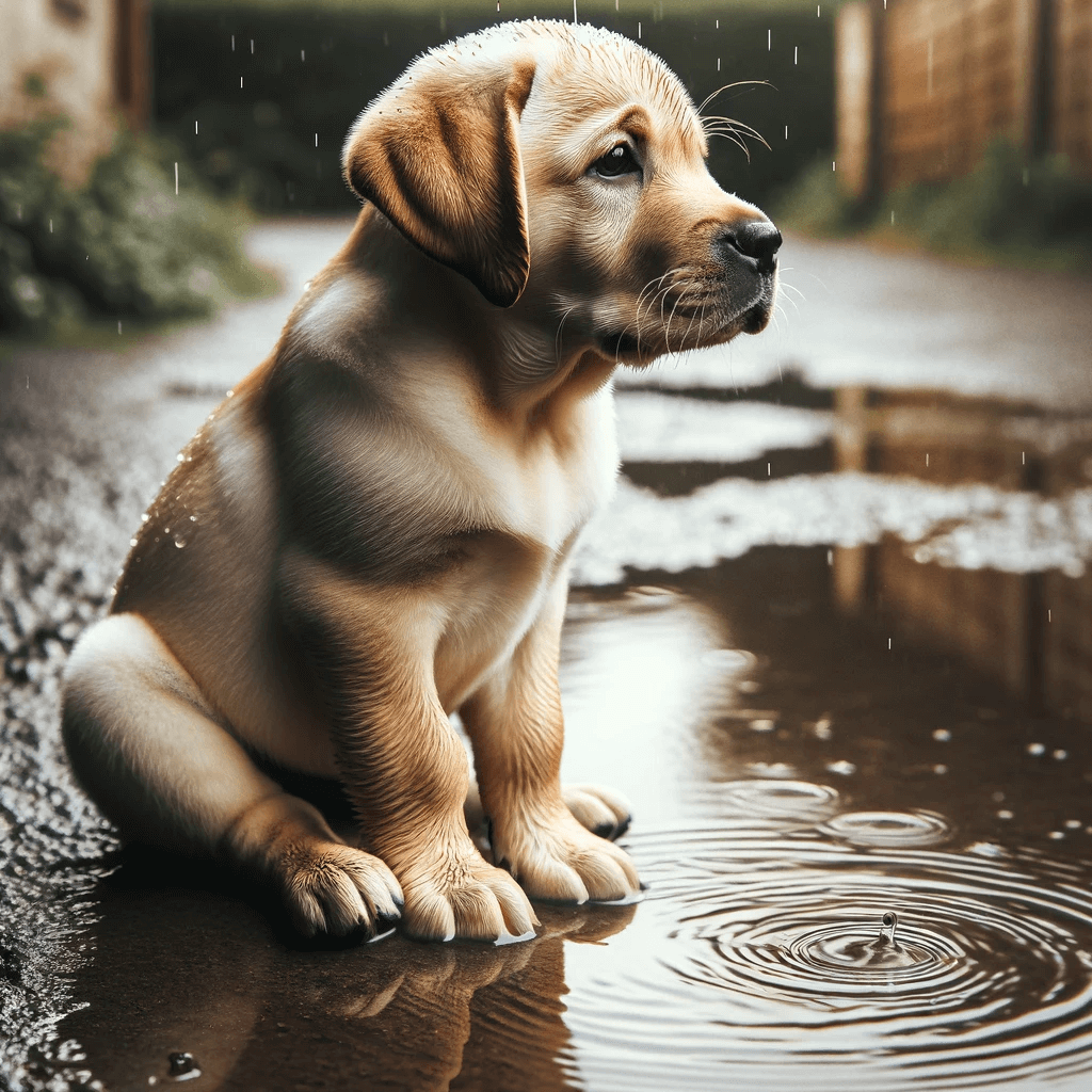 Labrador_puppy_with_a_shiny_wet_coat_sitting_calmly_as_it_watches_the_raindrops_create_ripples_in_a_puddle