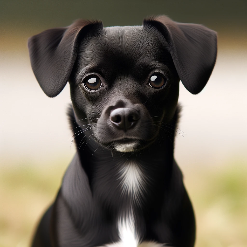 Labrahuahua dog with a sleek black coat and a white chest patch