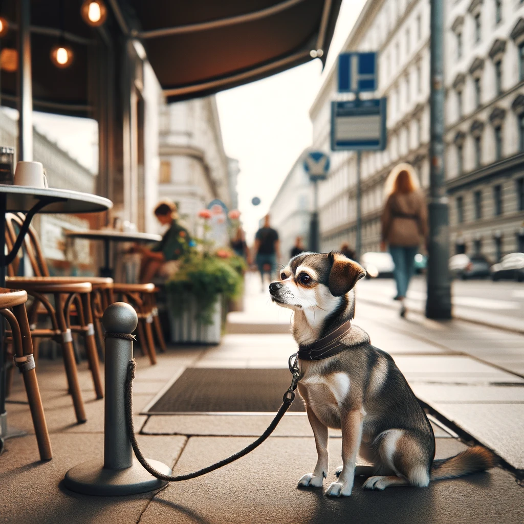 Labrahuahua patiently waiting for its owner outside a cafe tied to a post