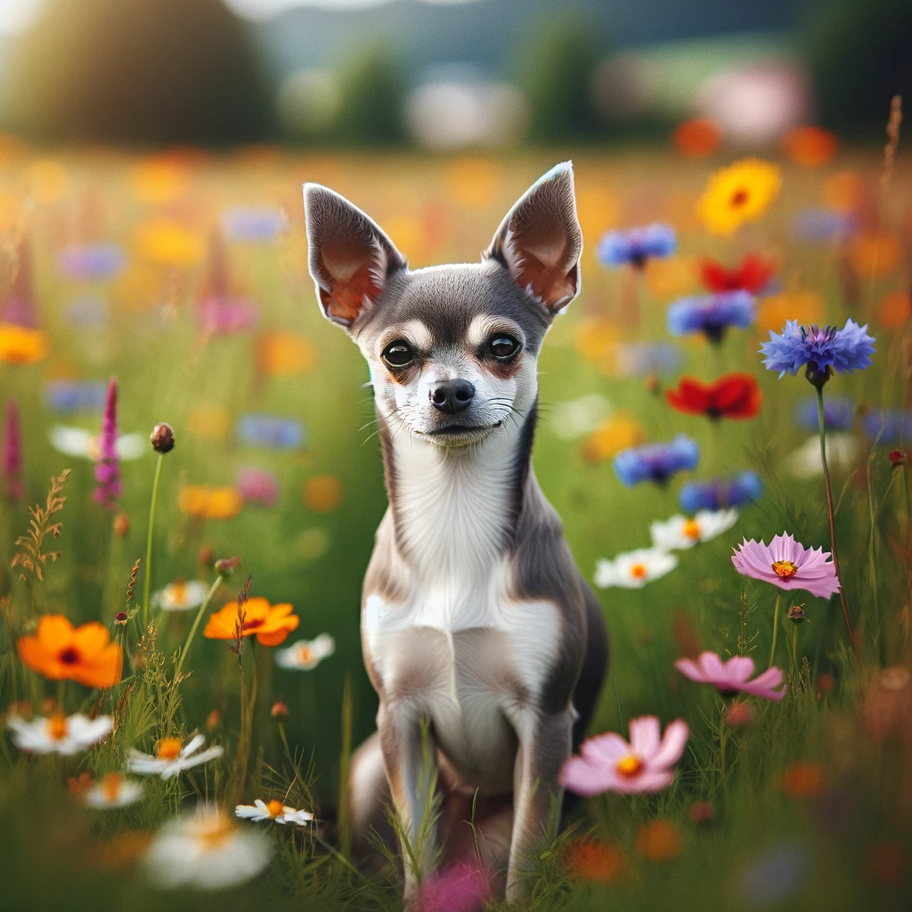 Labrahuahua sitting attentively in a field of wildflowers, ears perked up
