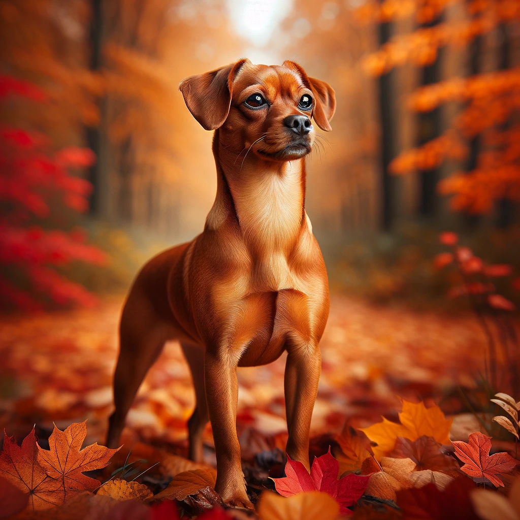 Labrahuahua standing tall with a regal demeanor surrounded by autumn leaves