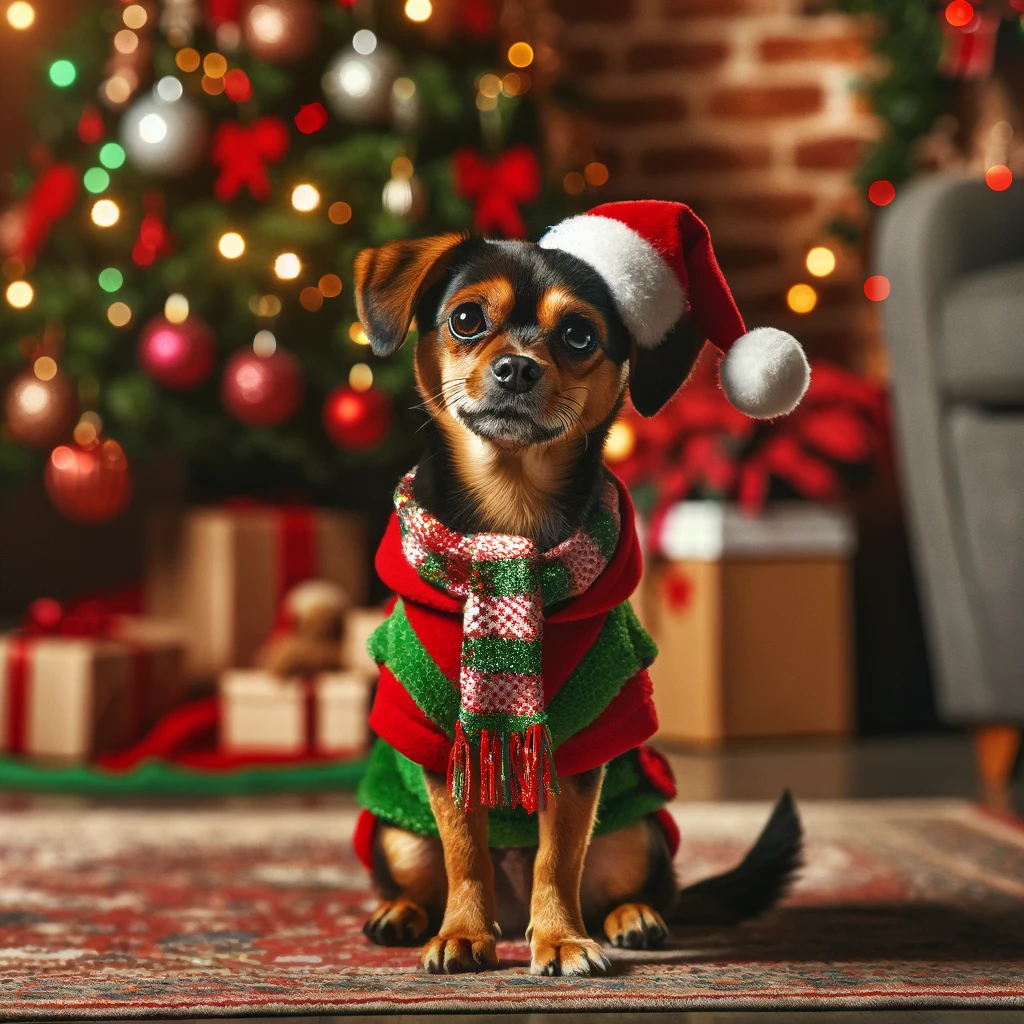 Labrahuahua wearing a festive costume sitting beside a decorated Christmas tree