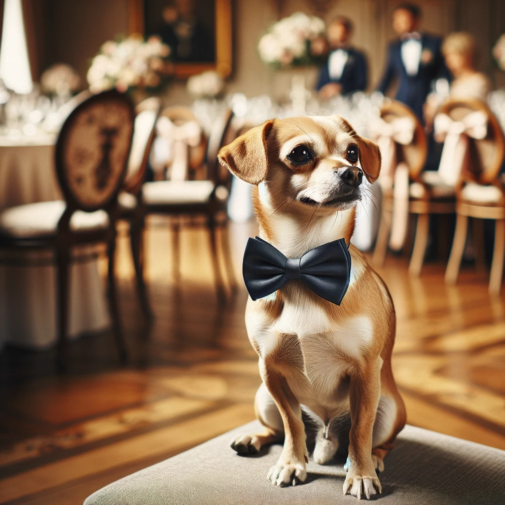 Labrahuahua with a bow tie, attending a formal event
