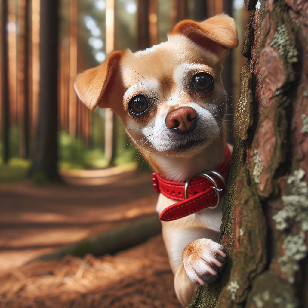Labrahuahua with a bright red collar playfully peeking out from behind a tree