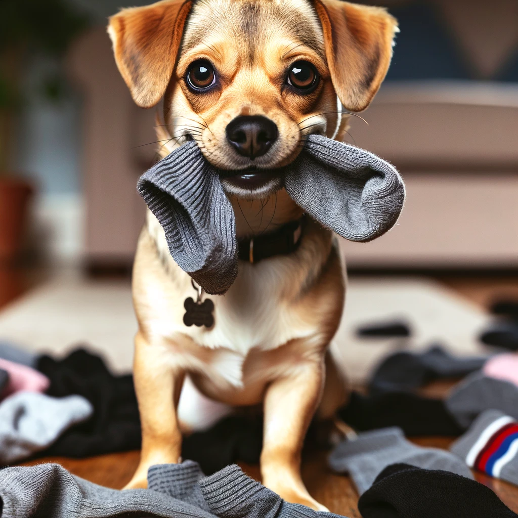 Labrahuahua with a mischievous expression caught in the act of stealing a sock