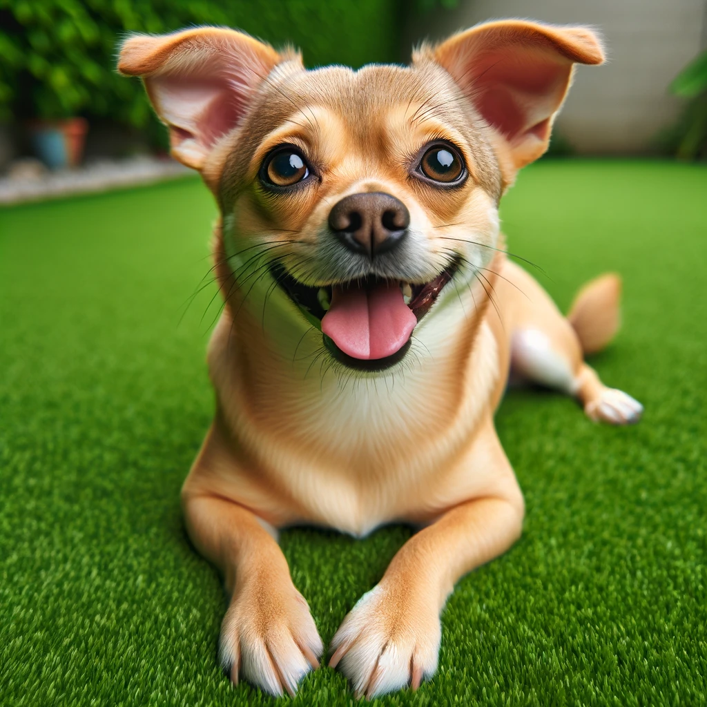 Labrahuahua with a playful expression resting on a lush green lawn