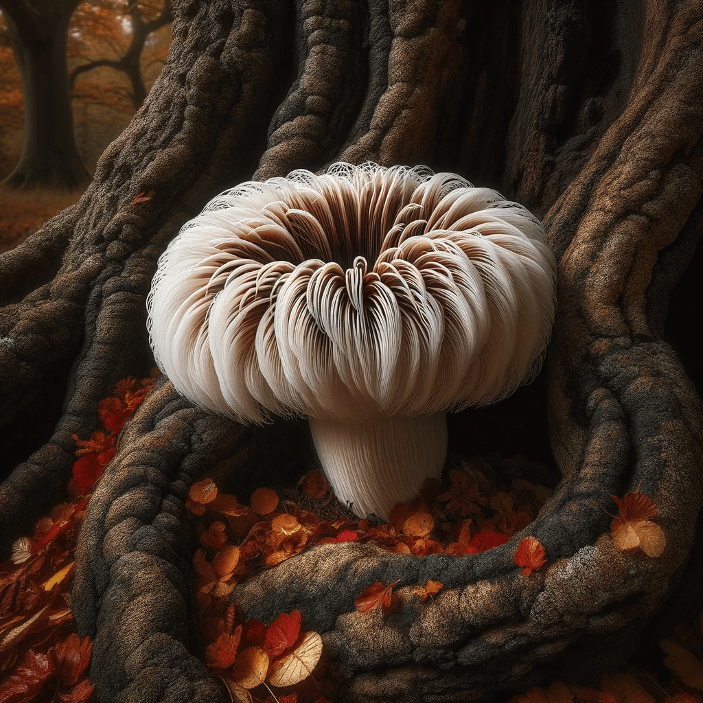 Lion_s_Mane_mushroom_with_dense_white_filaments_nestled_in_the_crook_of_a_gnarled_tree._The_tree_s_dark_textured_bark_accentuates_the_m