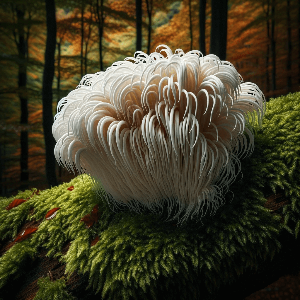 Lion_s_Mane_mushroom_with_its_cascading_white_icicle-like_tendrils_perched_on_a_moss-covered_tree_trunk._The_dark_green_moss_and_the_mushroom_cr
