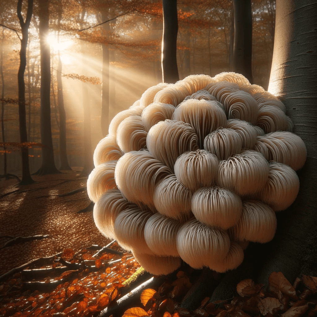 Lion_s_Mane_mushroom_with_its_dense_woolly_appearance_attached_to_a_large_sunlit_tree._The_light_highlights_the_mushroom_s_delicate_f