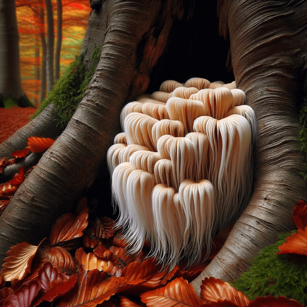 Lion_s_Mane_mushroom_with_its_flowing_white_strands_emerging_from_a_crevice_in_an_ancient_tree._The_tree_s_deep_shadowy_bark_sets_off_the_bright