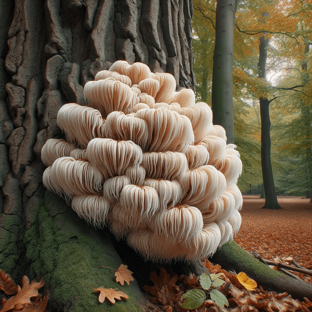 Lion_s_Mane_mushroom_with_its_intricate_white_tendrils_clinging_to_the_side_of_a_towering_tree._The_tree_s_dark_rough_bark_contrasts_with