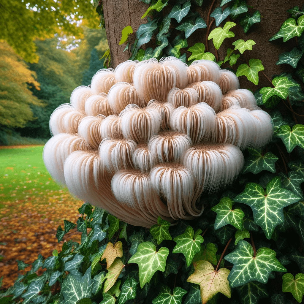 Lion_s_Mane_mushroom_with_its_luxurious_white_fronds_attached_to_a_tree_overgrown_with_ivy._The_green_ivy_and_the_mushroom_create_a_beautiful_con