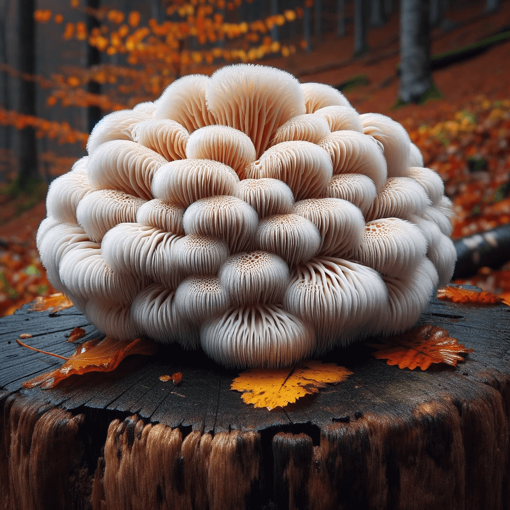 Lion_s_Mane_mushroom_with_its_snowy_hair-like_texture_growing_on_a_weathered_tree_stump._The_mushroom_stands_out_against_the_stump_s