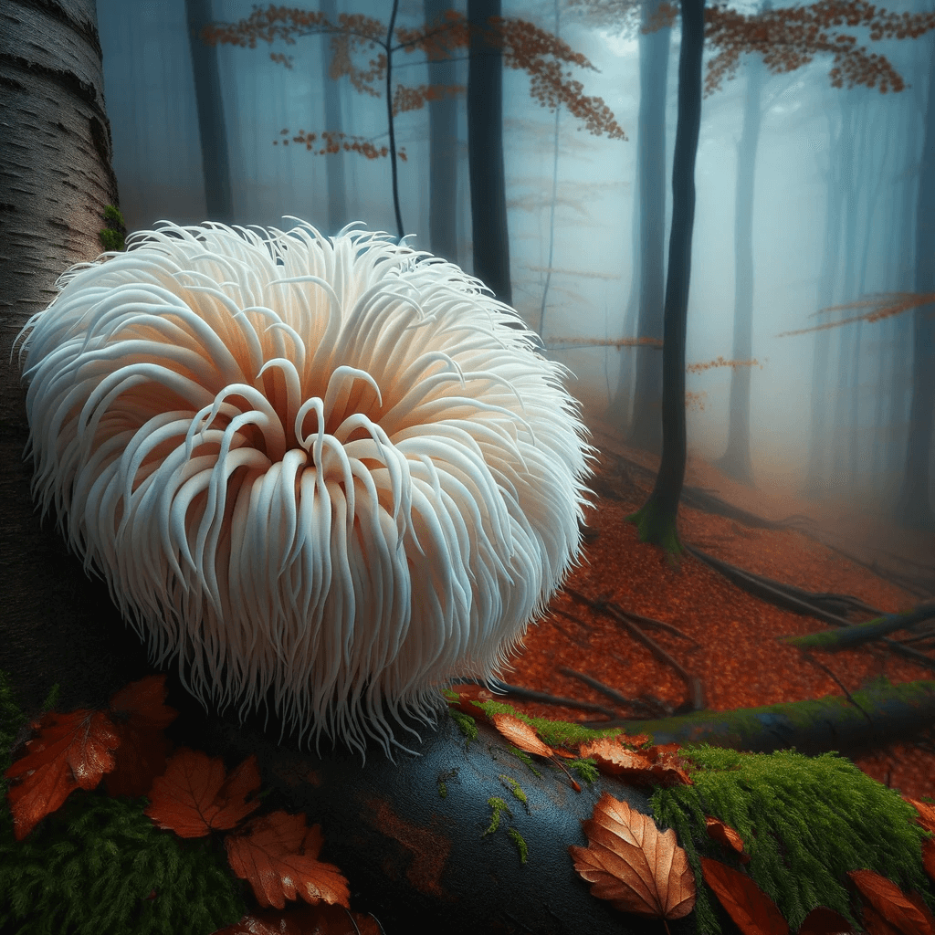 Lion_s_Mane_mushroom_with_its_striking_white_flowing_tendrils_on_a_tree_in_a_misty_forest._The_foggy_backdrop_and_the_surrounding_autumn_leaves_g