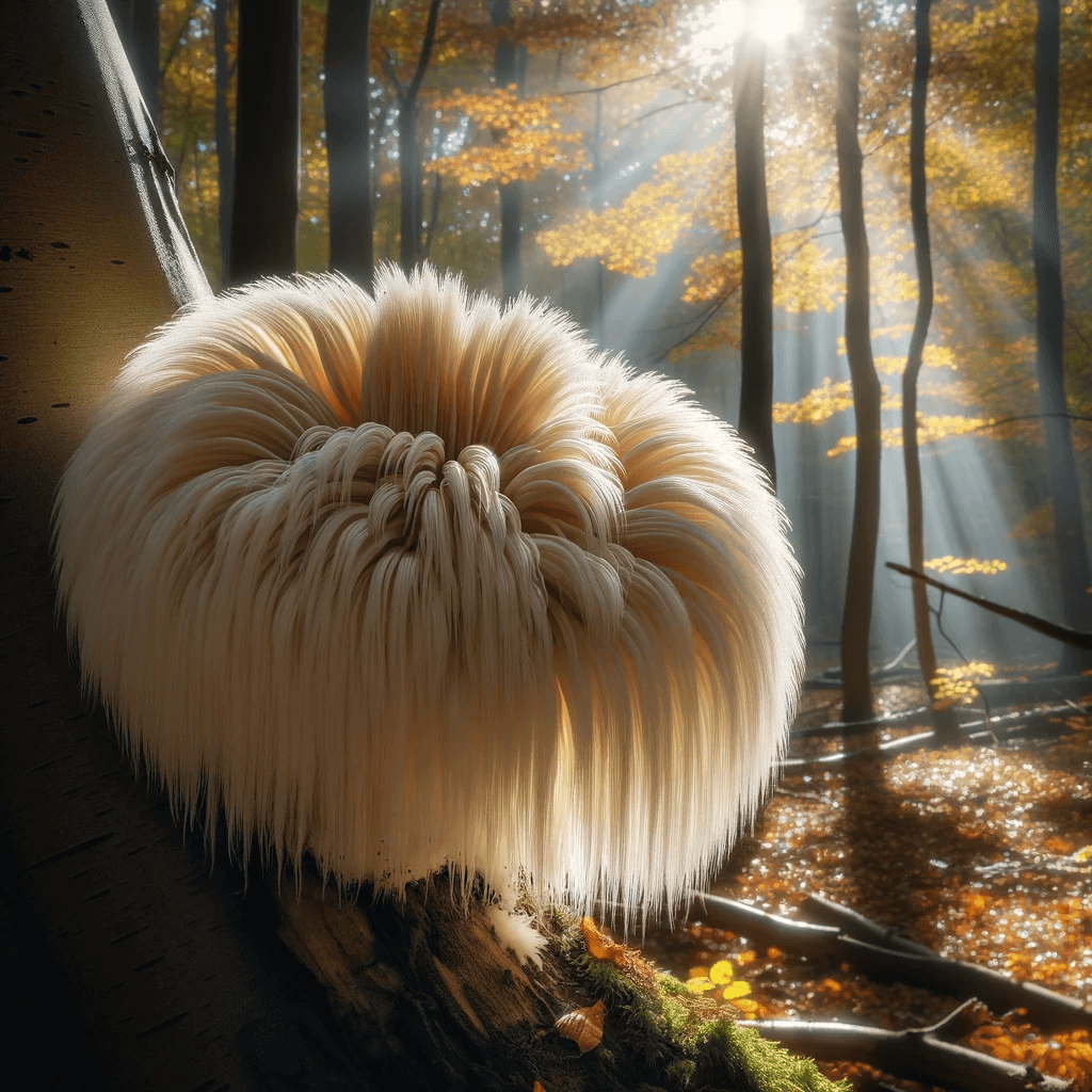 Lion_s_Mane_mushroom_with_its_thick_white_mane-like_appearance_growing_on_a_tree_in_a_sun-dappled_clearing._The_sun_s_rays_filtering_through_the