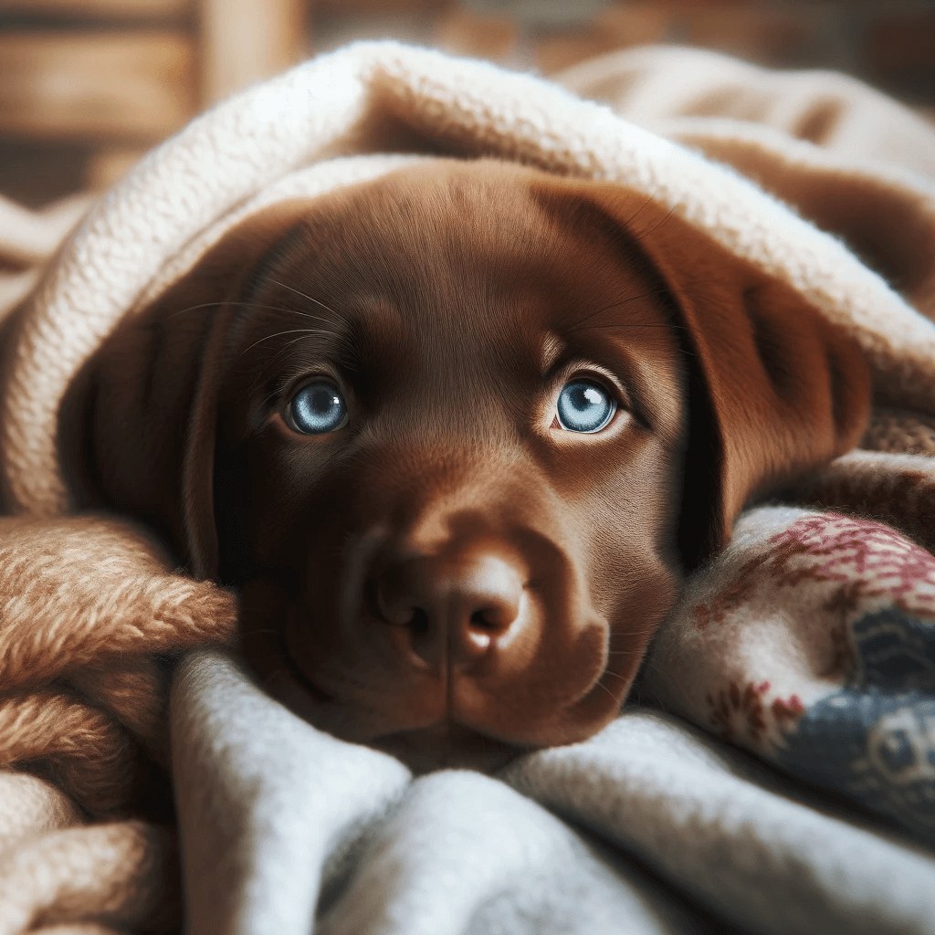 Loving_Gaze_of_a_Blue-Eyed_Chocolate_Lab_Puppy_Snuggled_in_Blankets