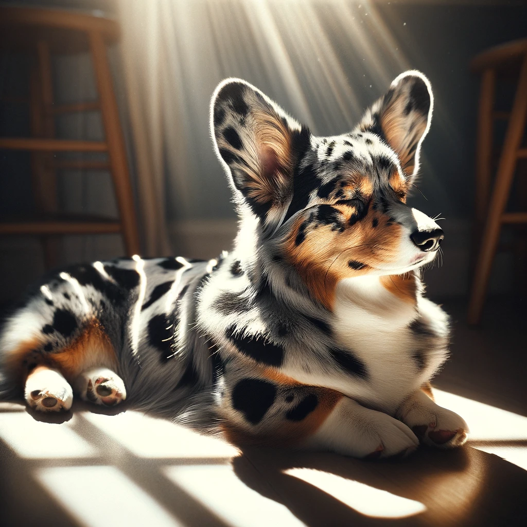 Merle_Corgi_lying_in_a_sunbeam_its_fur_shimmering_with_a_mix_of_colors_and_patterns