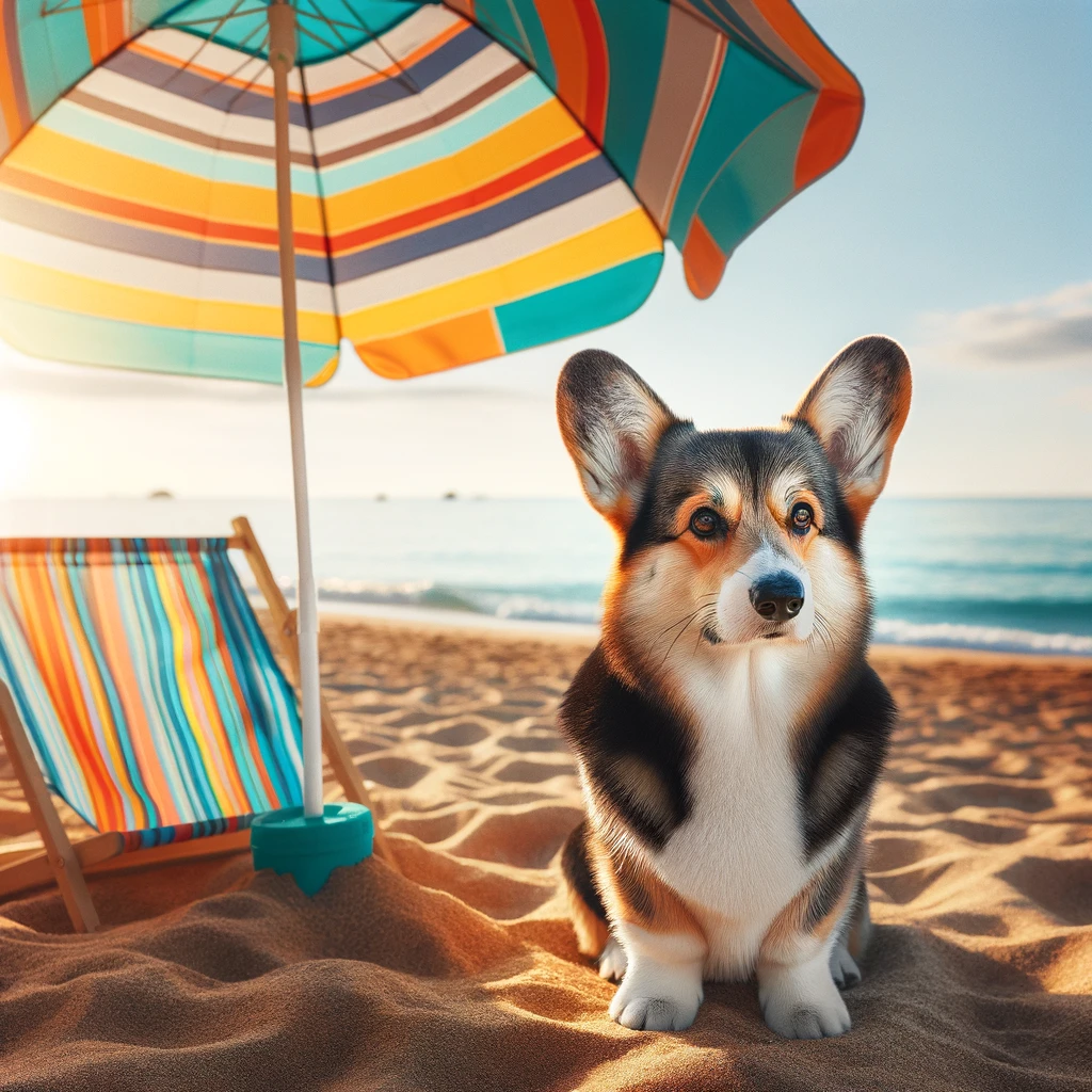 Merle_Corgi_patiently_waiting_for_its_owner_sitting_beside_a_colorful_beach_umbrella_on_a_sandy_shore