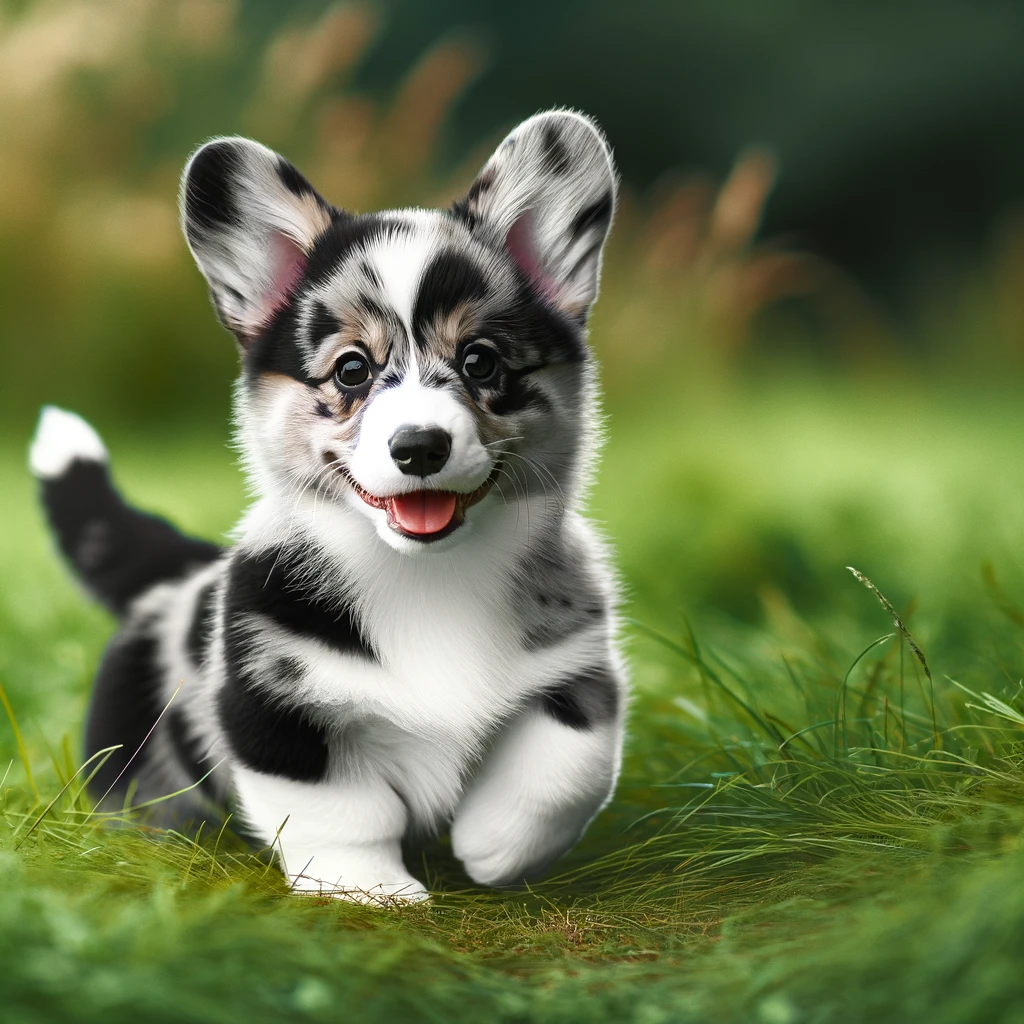 Merle_Corgi_puppy_with_a_beautiful_mix_of_black_and_white_spots_frolicking_in_a_grassy_meadow