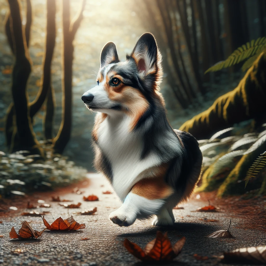 Merle_Corgi_s_graceful_stride_as_it_walks_along_a_nature_trail_leaves_crunching_beneath_its_paws
