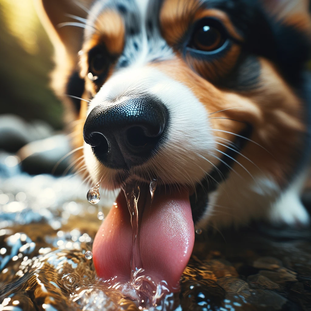 Merle_Corgi_s_wet_nose_and_tongue_as_it_takes_a_sip_from_a_bubbling_creek_during_a_hike