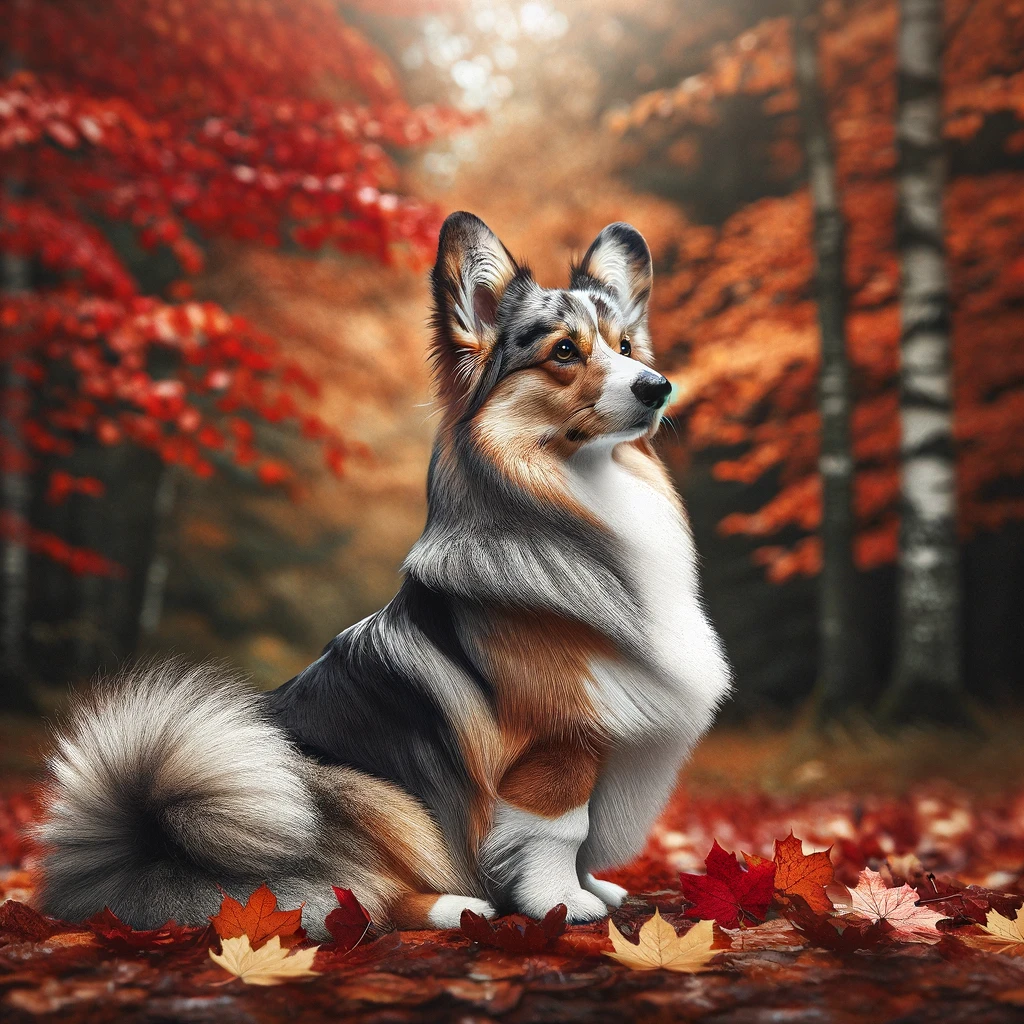 Merle_Corgi_sitting_majestically_its_fluffy_tail_curled_over_its_back_against_a_backdrop_of_autumn_leaves