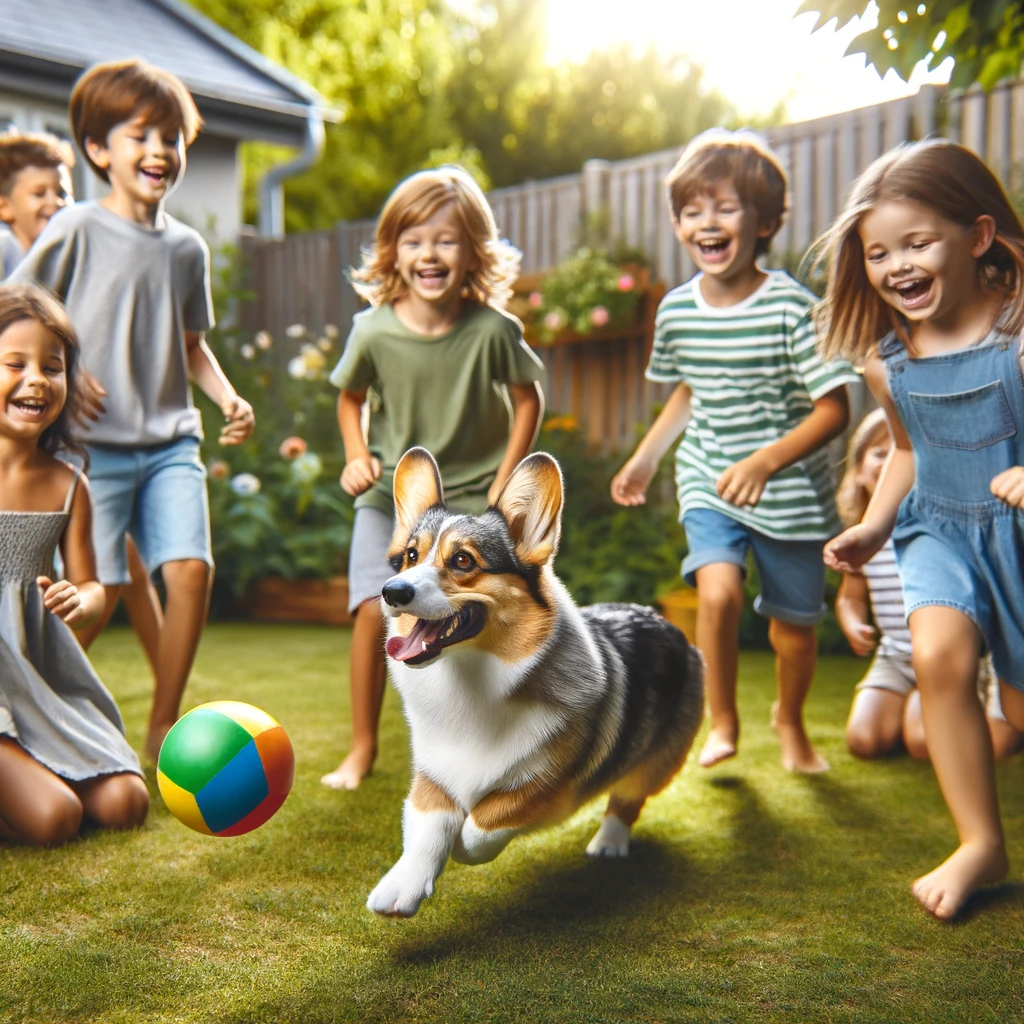 Merle_Corgi_surrounded_by_children_happily_participating_in_a_game_of_fetch_in_the_backyard