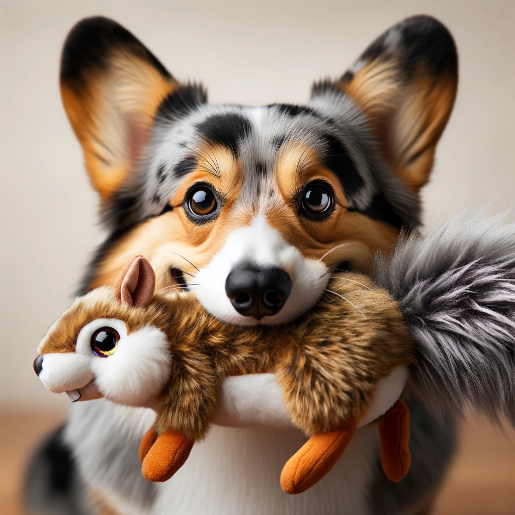 Merle_Corgi_with_its_favorite_toy_a_plush_squirrel_clutched_firmly_in_its_teeth
