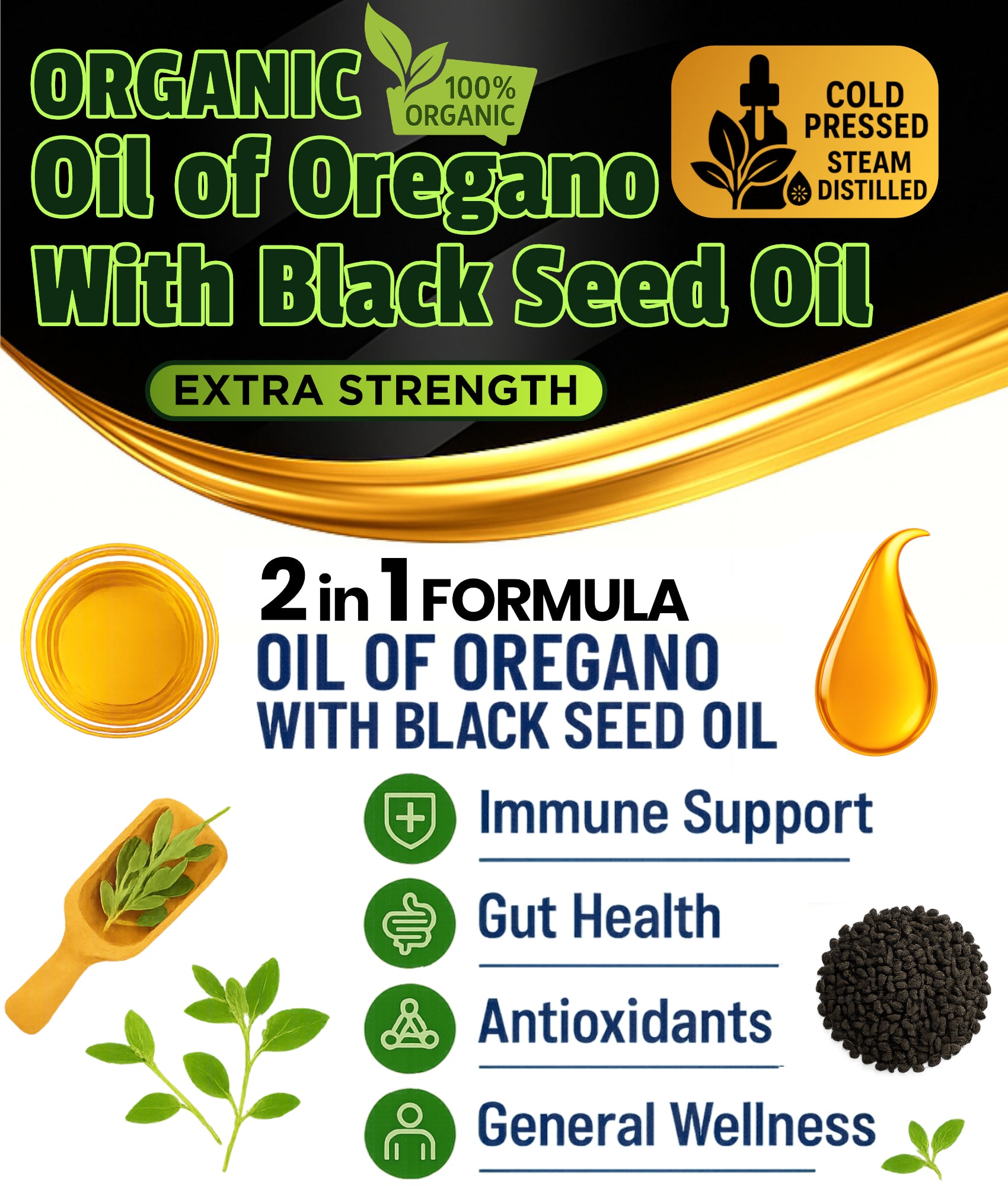 Organic Oil of Oregano with Black Seed Oil, highlighting health benefits and certifications.