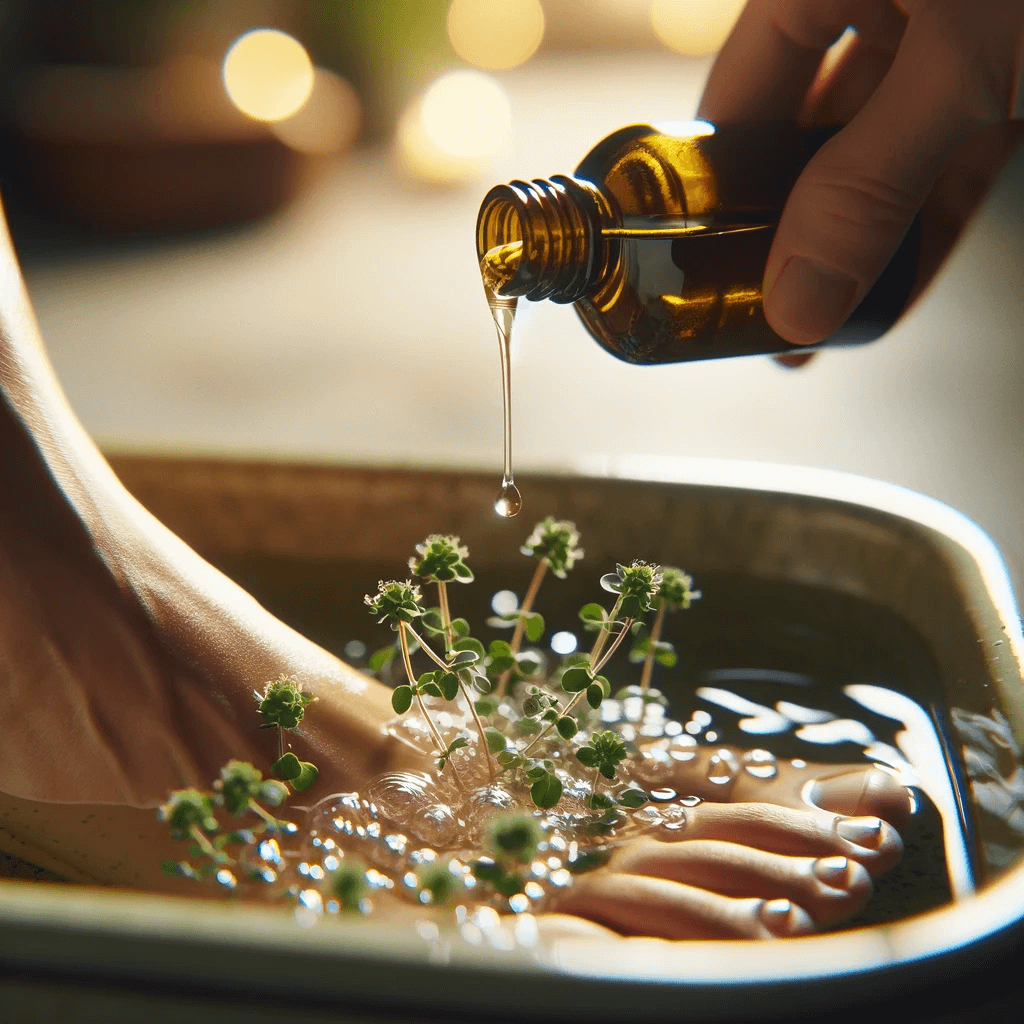Oregano_oil_being_dropped_into_a_foot_bath_with_a_focus_on_the_water_and_oil_interaction
