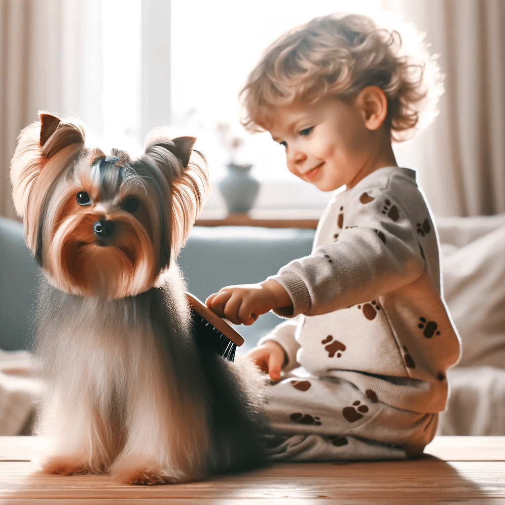 Parti_Yorkie_enjoying_a_gentle_grooming_session_by_a_child_illustrating_its_gentleness_and_suitability_for_families_with_kids.