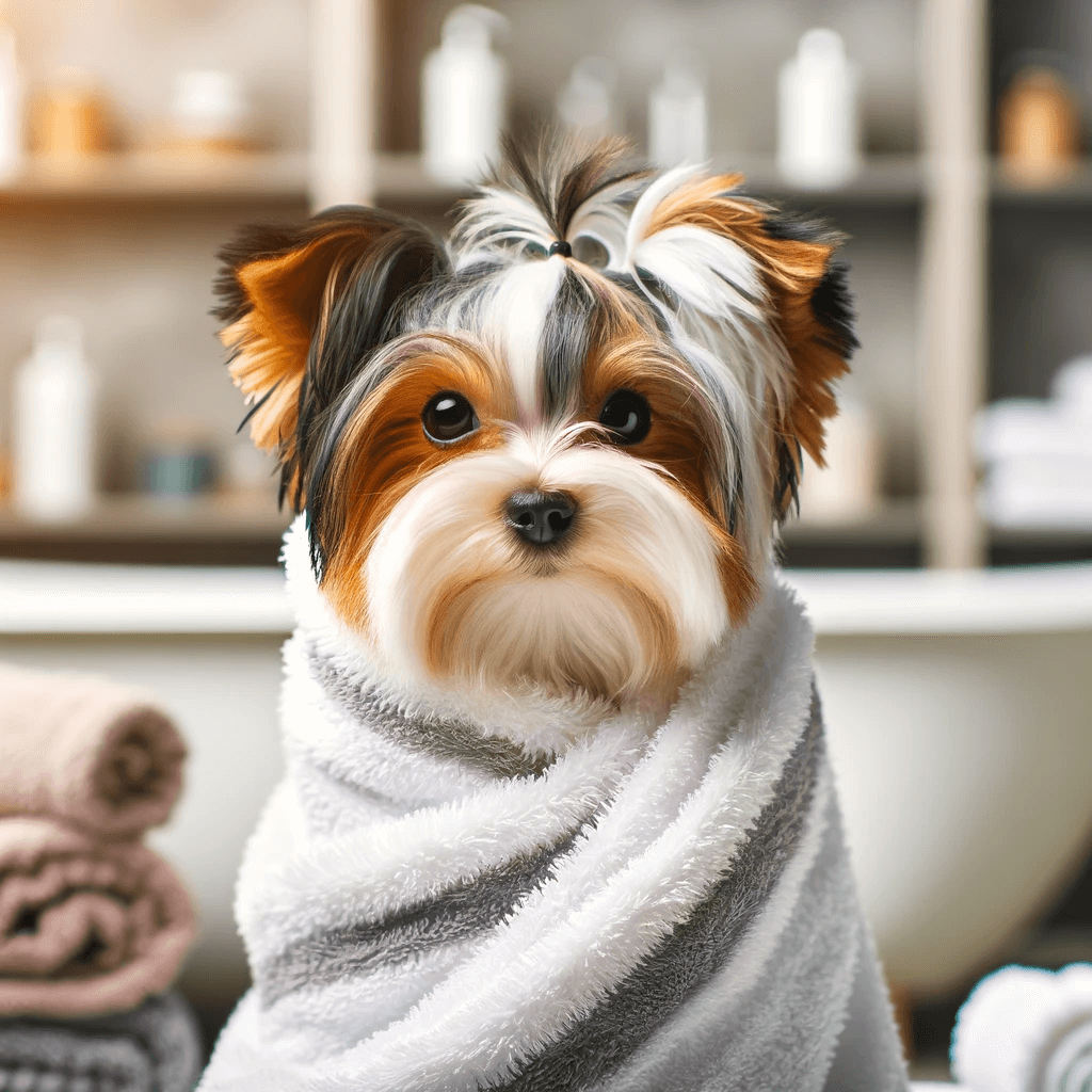 Parti_Yorkie_wrapped_in_a_towel_after_a_bath_focusing_on_the_grooming_care_needed_to_maintain_its_distinctive_coat.