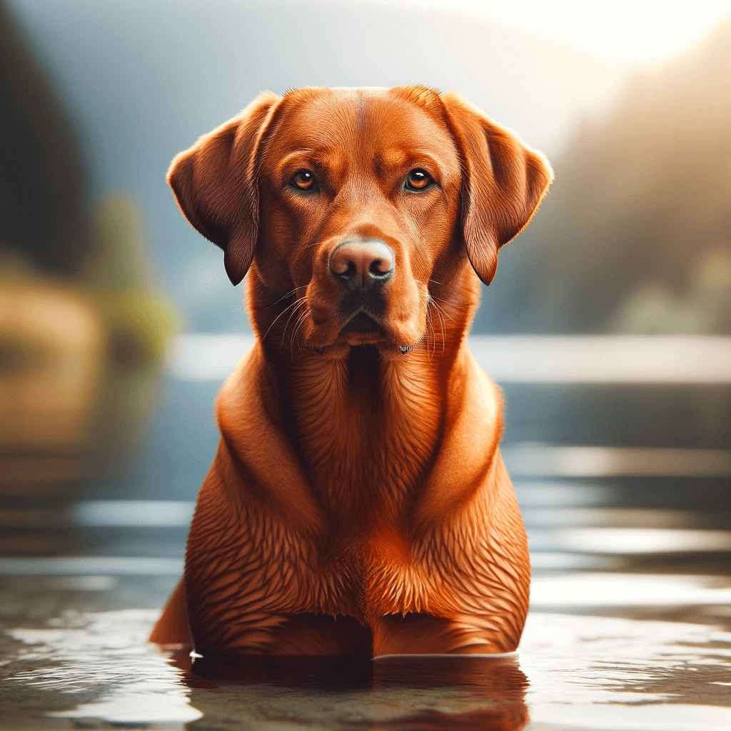 Red_Fox_Lab_with_a_striking_appearance_standing_beside_a_body_of_water